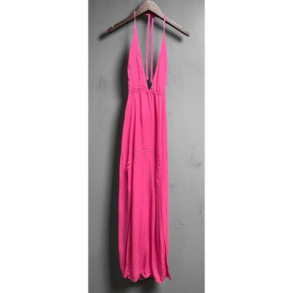 superdown Women's Pink Halter Crinkled Slit Maxi Dress XS V-Neck - Picture 8 of 16